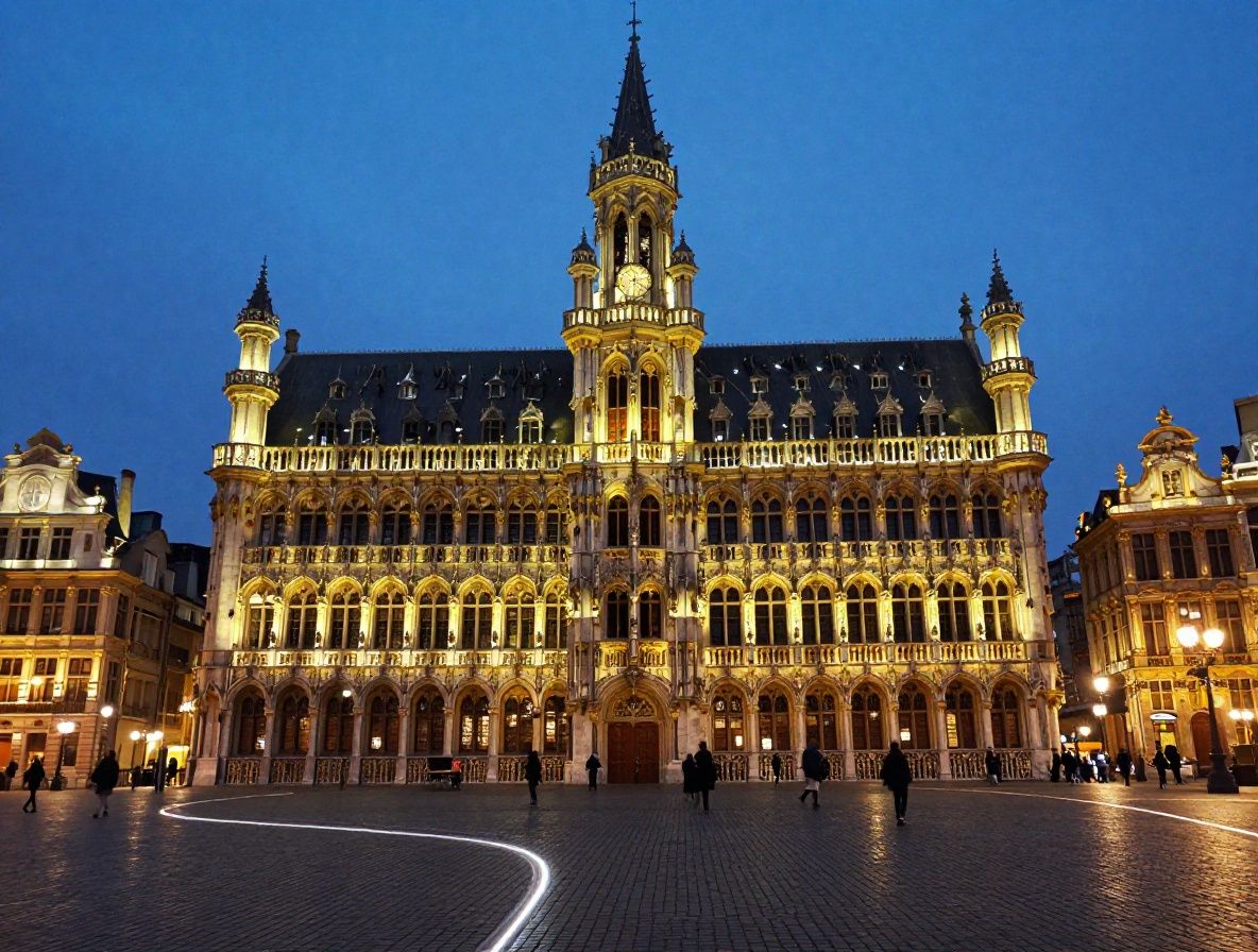 Paysage urbain de Bruxelles au crépuscule, Grand-Place illuminée de lumières dorées douces, longues expositions de la circulation créant des traînées lumineuses dans la pénombre bleue du soir, atmosphère calme malgré la densité urbaine