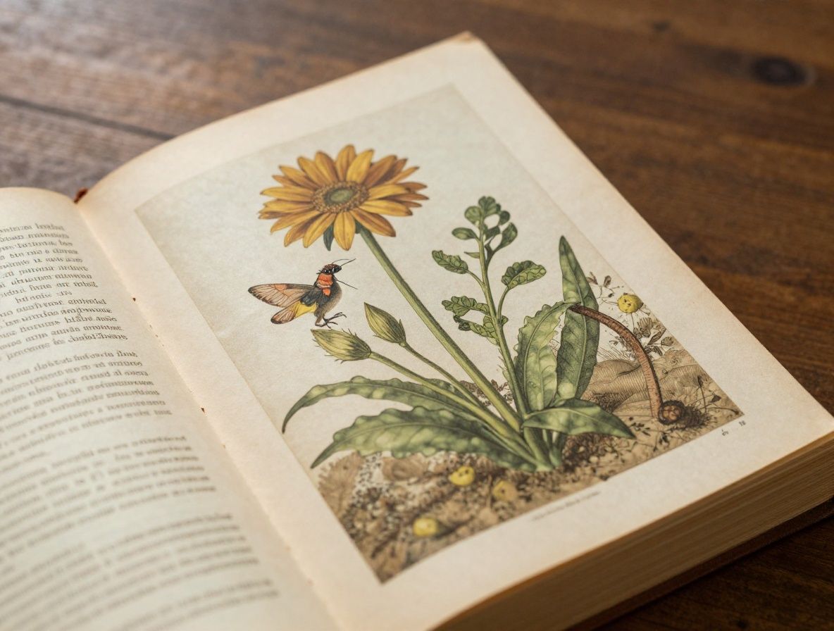 Main tenant délicatement un livre ancien ouvert, pages jaunies révélant des illustrations botaniques précises, fond flou et chaleureux de bibliothèque boisée avec rayons de lumière filtrée, symbolisant le partage de la connaissance et l'éducation